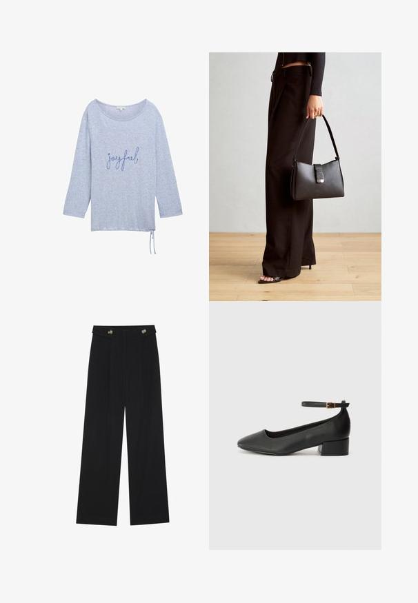 Gaiši zils garām piedurknēm tops no mīkstas, teksturētas auduma, ar brīvu piegriezumu, apaļu kakla izgriezumu un vārdu "priecīgs" tumšā zila kursīvā izšuvumu.; Melnas platās bikses ar augstu jostasvietu, pogu detaļām uz jostas un priekšējām krokām.; Melnas ādas sūkņi ar smailu purngalu un zemu bloku papēdi. Iezīmēts ar potītes siksniņu ar zelta krāsas sprādzi. Gluda tekstūra.; Melnā somiņa ar strukturētu formu, gludu tekstūru un metālu sprādzi. Saskaņota ar platām melnām biksēm un sandālēm ar atvērtu purngalu uz koka grīdas.