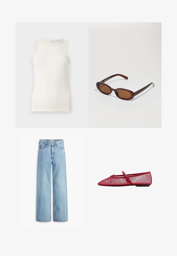 Hladký bezramenný top v odstínu off-white s dekorativní třásněmi kolem výstřihu, který se vyznačuje přiléhavým střihem a jemnou texturou.; Světle modré volné džíny s vysokým pasem, předním knoflíkem a zipem, poutky na opasek a designem s pěti kapsami.; Červené síťované baletní lodičky s špičatou špičkou, které mají tenký pásek a detaily s přezkou. Vrchní část má otevřený vzor včelí plástve.; Kulaté sluneční brýle hnědé barvy s lesklým burgundským rámem. Úzké nožičky s jemným logem. Rovné čočky.; Hnědá pletená kožená kabelka s uvolněným trojúhelníkovým tvarem. Disponuje spleteným uchem a zipovým uzavíráním na vrchu.