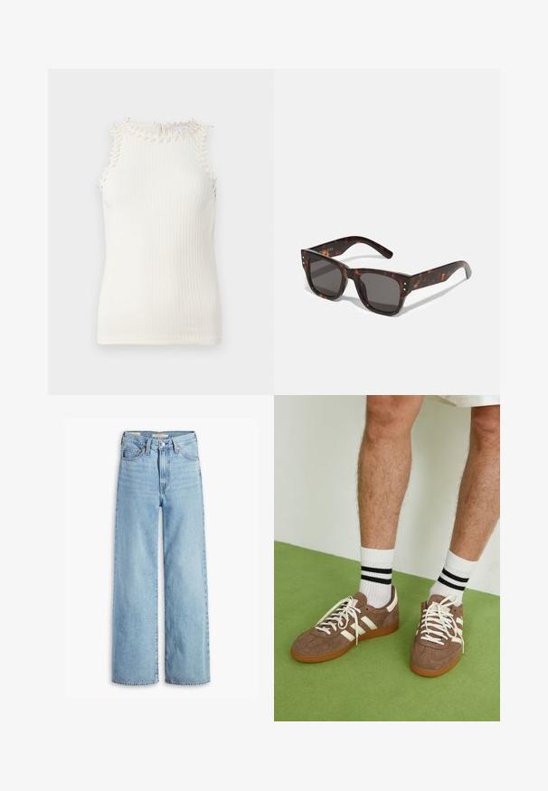 Ribbed bezrukávový top v off-white farbe s dekoratívnym strapcovým okrajom okolo výstrihu, ponúkajúci priliehavý strih a jemnú textúru.; Svetlomodré široké nohavice s vysokým pásom, predným gombíkom a zipsom, pútka na opasok a štýl s piatimi vreckami.; Hnedé zamatové tenisky s bielymi akcentmi a šnúrkami. Gumová podrážka. Nosené s bielymi ponožkami so čiernymi pruhmi. Zelená textúrovaná podlaha.; Slnko okuliare z korytnačím vzorom a tmavými šošovkami, štvrcovým rámom a striebornými ozdobnými cvokmi vpredu. Vyrobené z plastu, ľahké a odolné.; Hnedá tkaná kožená kabelka s voľným, trojuholníkovým tvarom. Má opletenú rúčku a zips na vrchu.