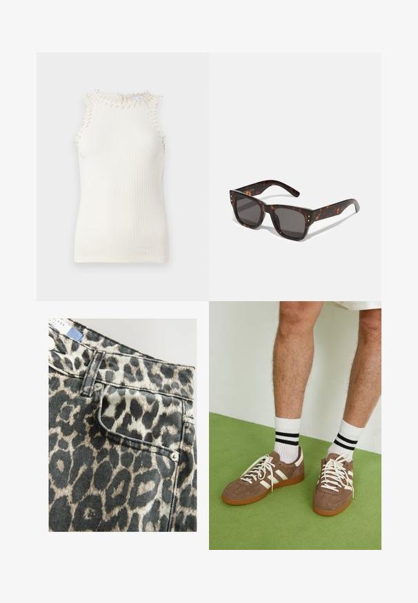 Rossz öltözetű, ujjatlan, off-white színű felső, díszített francia rojtokkal a nyakvonal körül, amely illeszkedő siluettel és puha textúrával rendelkezik.; Leopárd mintás farmer sort, merev derékkal, elülső zsebbel, fekete és bézs színkombinációban, ezüst szögletes gombbal díszítve.; Barna velúr sportcipő fehér díszítéssel és fűzővel. Gumi talp. Fehér zoknival viselve, fekete csíkokkal. Zöld, textúrázott padló.; Tortavérű napszemüveg sötét lencsékkel, négyzet alakú kerettel és ezüst színű díszítő tüskékkel az elején. Műanyagból készült, könnyű és tartós.; Barna szőtt bőr kézitáska, amely laza, háromszög alakú. Fonott füllel és felső cipzárral rendelkezik.