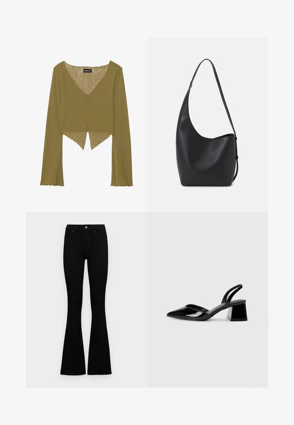 Olivenfarbiges Langarmoberteil mit V-Ausschnitt und gewelltem Saum. Hergestellt aus einem strukturierten Stoff, mit einem verkürzten Design und ausgestellten Ärmeln.; Schwarze hochtaillierte Jeans mit einem Knopf- und Reißverschluss, Fronttaschen und ausgestellten Beinen, flach auf einem weißen Hintergrund ausgelegt.; Schwarze Lackleder-Slingback-High Heels mit spitzem Schuh und einem geometrischen Blockabsatz. Verfügt über ein schlankes, minimalistisches Design und eine glatte Textur.; Schwarze Leder-Hobo-Tasche mit einer glatten Textur, geschwungener Form und einem einzelnen verstellbaren Tragegurt; verfügt über eine weite Öffnung am oberen Ende.