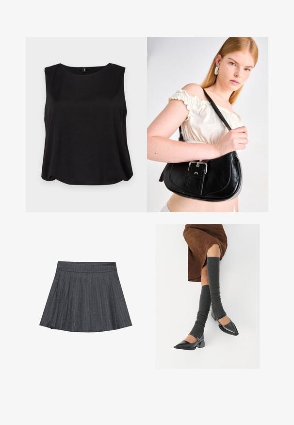 Črna brezrokavna majica s zaobljenim izrezom in ohlapnim krojem, narejena iz mehkega blaga z gladko teksturo. Enostaven, čist dizajn brez vzorcev.; Siva krpasta krila z gumbnim pasom, razširjenim A-linijskim oblikom in mehkim tekstilom. Vertikalne črte povečujejo vizualno zanimanje.; Črne lakirane čevlje s pointy prsti in blok peto ter z naramnicami za gleženj, ki jih kombiniramo s sivimi rebrastimi nogavicami in rjavim suknjičem iz usnja.; Črna usnjena torba za ramo s ukrivljeno obliko, sijoč srebrni okov, in snemljiva oznaka. Gladka tekstura z diskretno šivnimi detajli.