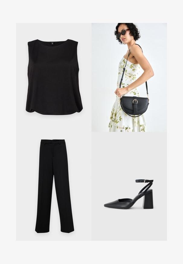 Black sleeveless top with a rounded neckline and loose fit, made of soft fabric with a smooth texture. Simple, clean design without patterns.; Black wide-leg trousers made of smooth fabric, featuring a classic waistband with a button closure and front pleats.; Black leather pointy-toe pump with an ankle strap and a chunky heel. Flat texture, sleek design, and minimalistic aesthetics.; Black leather handbag with a curved shape, detachable strap, and gold hardware. The bag features a flap with a buckle detail.