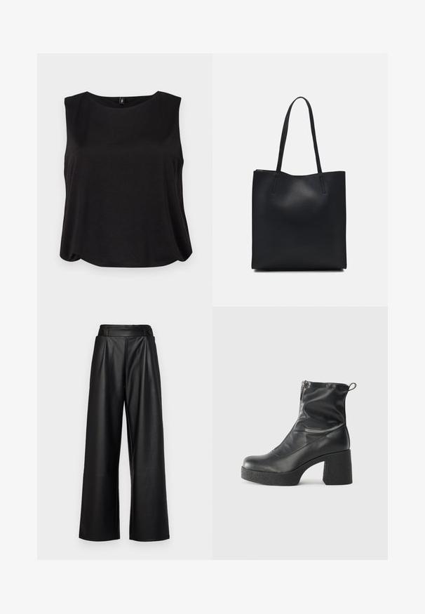 Mustat ilmaõlapaeltega topp ümmarguse kaelusega ja lohaka istuvusega, valmistatud pehmest kangast, millel on sile tekstuur. Lihtne, puhas disain ilma musterita.; Mustad, laiad nohikud, mis on valmistatud nahast, kõrge vöökoht, voldid ja kaks ringikujulist nööpi esiküljel sulgemiseks.; Mustad mustad ansapüksid, mis on valmistatud siledast nahast, külje zipperiga, paksu tekstuuriga kontsaga ja ümmarguse nina disainiga.; Mustast nahast kott sujuva tekstuuriga, ristkülikukujuline ja kahe pika sangaga. Pole nähtavat riistvara ega kaunistusi.