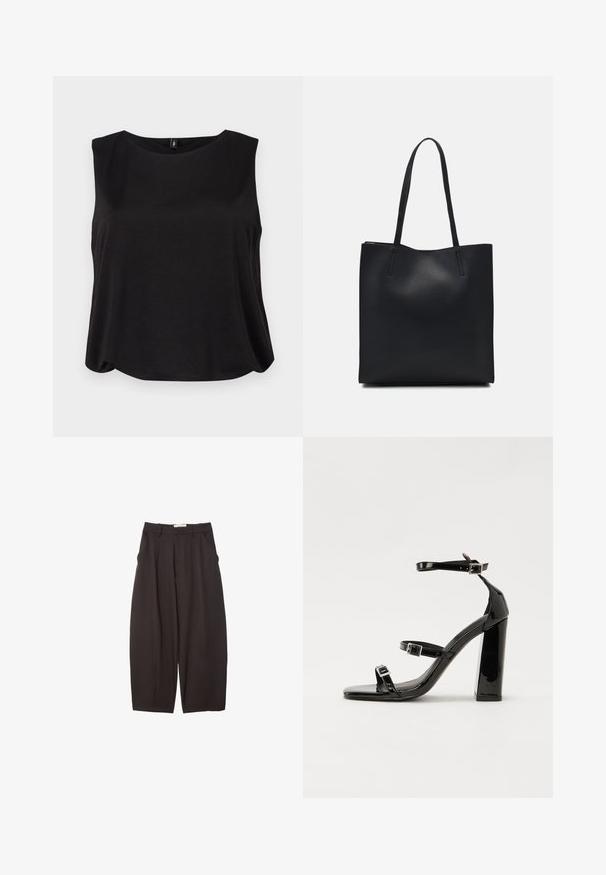Czarny bezrękawnik z okrągłym dekoltem i luźnym krojem, wykonany z miękkiego materiału o gładkiej fakturze. Prosty, minimalistyczny design bez wzorów.; Czarne spodnie o szerokich nogawkach wykonane z gładkiego materiału, z wysokim stanem, plisami z przodu i bocznymi kieszeniami. Prosty fason bez zdobień.; Czarne lakierowane sandały na wysokim obcasie, z dwoma paskami zapinanymi na klamry, kwadratowy nosek i masywny obcas typu słupek, o gładkiej, błyszczącej fakturze.; Czarna skórzana torba tote o gładkiej fakturze, prostokątnym kształcie i dwóch długich uchwytach. Brak widocznych elementów metalowych i ozdób.