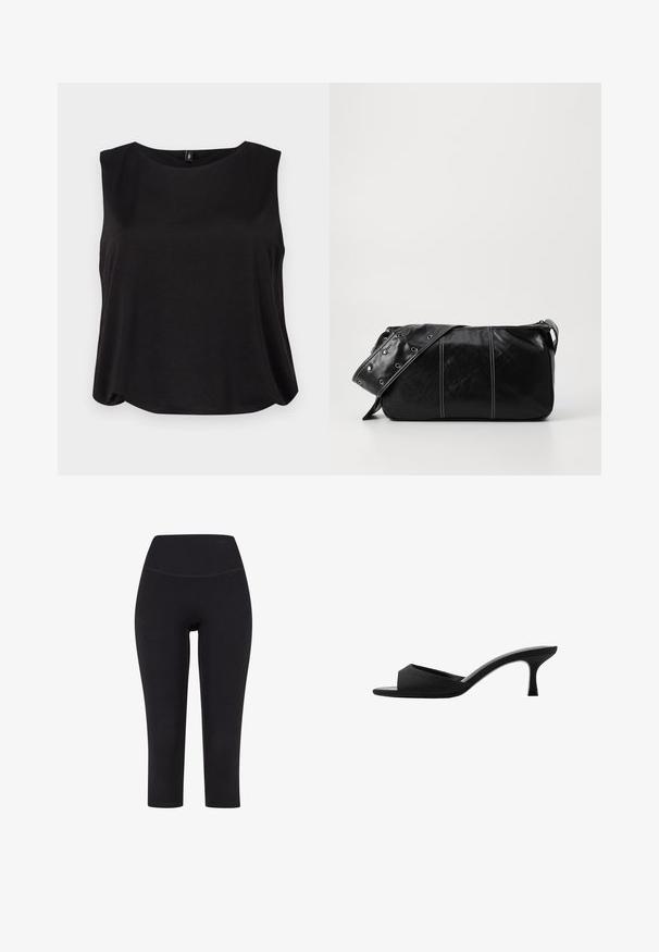 Crna majica bez rukava s okruglim izrezom i slobodnim krojem, izrađena od mekog materijala s glatkom teksturom. Jednostavan, čist dizajn bez uzoraka.; Crne legging hlače do tri četvrtine dužine, izrađene od rastezljivog materijala, s visokim strukom i bez vidljivih uzoraka ili metalnih dijelova.; crne potpetice s otvorenim prstima i zakrivljenim gornjim dijelom. Izrađene su od teksturirane tkanine, s elegantnom potpeticom i glatkom đonom.; Crna kožna torba preko ramena s zatvaranjem na patentni zatvarač, s teksturiranim tijelom, bijelim šavovima i remenom sa srebrnim okovima.