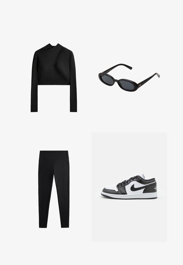 Schwarzes langärmliges Crop-Top mit hohem Kragen und asymmetrischem Design. Glatte, matte Textur mit minimalen Nähdetails.; Schwarze Leggings aus glattem, dehnbarem Stoff. Mit einem breiten Bund und tailliertem Bein Design, geeignet für aktive oder lässige Kleidung.; Schwarz-weiße Nike Low-Top-Sneaker verfügen über ein glattes Leder-Obermaterial, eine runde Zehenpartie, eine Schnürung und eine gemusterte Gummisohle.; Schwarze, oversized Sonnenbrillen mit ovalen Gläsern, glattem Kunststoffrahmen und goldenen Akzenten an den Bügeln. Die dunklen Gläser bieten Sonnenschutz.