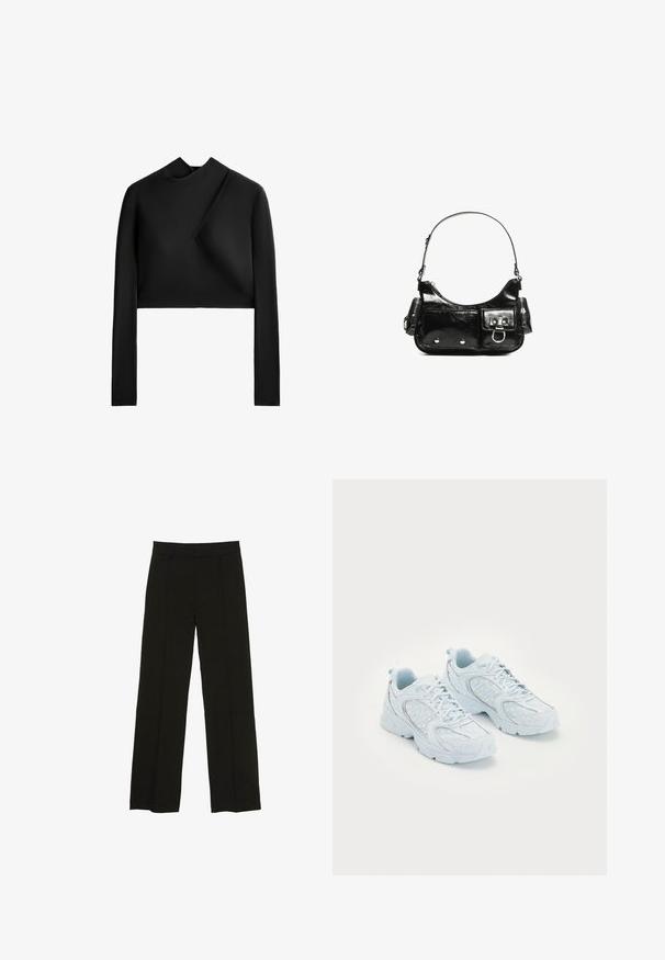 Fekete, hosszú ujjú cropped top, magas nyakkal és aszimmetrikus kialakítással. Simaságával, matt textúrájával és minimális varrási részleteivel tűnik ki.; Fekete, bő szárú nadrág sima anyagból, melynek kényelmes derékrésze és diszkrét elülső redők adnak extra textúrát.; Világoskék sportcipők hálós és szintetikus felsőrésszel, fehér pöttyökkel és fényvisszaverő elemekkel, fűzős kialakítással és párnázott talppal.; Fekete lakkbőr kézitáska ívelt formával, egy vállpánttal, elülső zsebekkel és ezüstszínű fémrészletekkel.