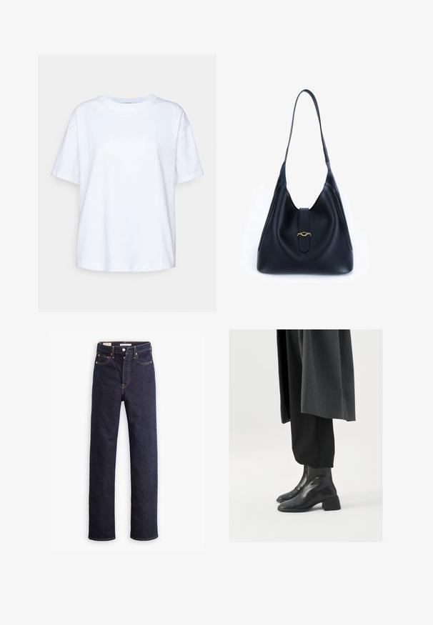 Witte katoenen T-shirt met korte mouwen, ronde hals, ontspannen pasvorm, zachte textuur en zonder zichtbare patronen of accenten.; Donkerblauwe straight-leg denim jeans met vijf zakken en zichtbare oranje stiksels op een witte achtergrond.; Zwarte leren enkellaarzen met een vierkant teen en een chunky hak, gedragen met losse zwarte broek en een donkergrijze jas. Glad oppervlak.; Zwarte leren handtas met een zachte, slordige ontwerp. Voorzien van een platte schouderriem en een centrale sluiting versierd met een gouden accent.