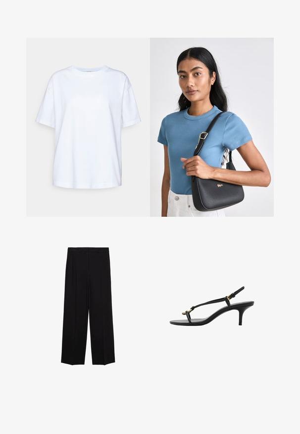 Bela bombažna majica s kratkimi rokavi, okroglim ovratnikom, sproščenim krojem, gladko teksturo in brez vidnih vzorcev ali akcentov.; Črne široke hlače iz gladkega materiala, z gubami spredaj in stranskimi žepi, zasnovane v ravnem, sproščenem kroju.; Črne usnjene sandale s kitten peto, tankimi trakovi, zlate zaponke in minimalistično zanko za prste na beli podlagi.; Črna torbica z teksturo in ukrivljeno obliko, okrašena z zlatim logotipom, v kombinaciji z rebrasto svetlobluego kratkimi rokavi in belimi hlačami.