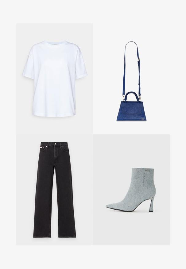 Valge puuvillane t-särk lühikeste varrukatega, ümmarguse kaeluse ja mugava lõikega, sile tekstuur ning ilma nähtavate mustrite või aksessuaarideta.; Mustad laiad mustad teksad, millel on kõrge vöökoht, viie tasku stiil ja metallist nööpkinnitus kontrastsete õmblustega.; Jeansist kingad pahkluuni, terava säärega, helesinise värvusega ja kaunistatud väikeste hõbedaste nurgakestega. Omab kõrget kontsa ja tekstureeritud kangast.; Sinine kunstnahast kott, millel on kolmnurkne kuju, ülemine käepide ja reguleeritav õlarihm. Omab siledat tekstuuri ja esiküljel klappi.