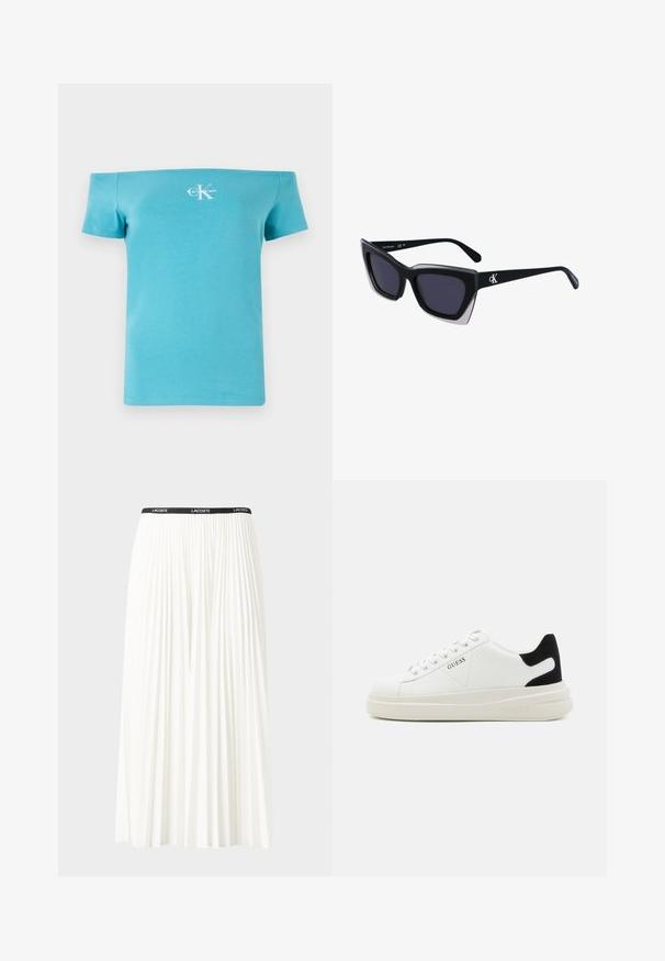 Turkis off-shoulder t-skjorte laget av myk bomull, med korte ermer og en hvit logo grafikk på forsiden.; Plissert hvit skjørt med en svart elastisk midje som har "LACOSTE"-logoen. Midjelengde design med myk tekstur.; Hvite lær sneakers med tykk hvit såle, svart semsket hælforsterkning og preget logo på siden. Snøresystem med seks hull.; Store svarte solbriller i overdimensjonert størrelse med geometrisk form, med mørke linser og en kontrasterende grå detalj på rammen. Logo på armen.