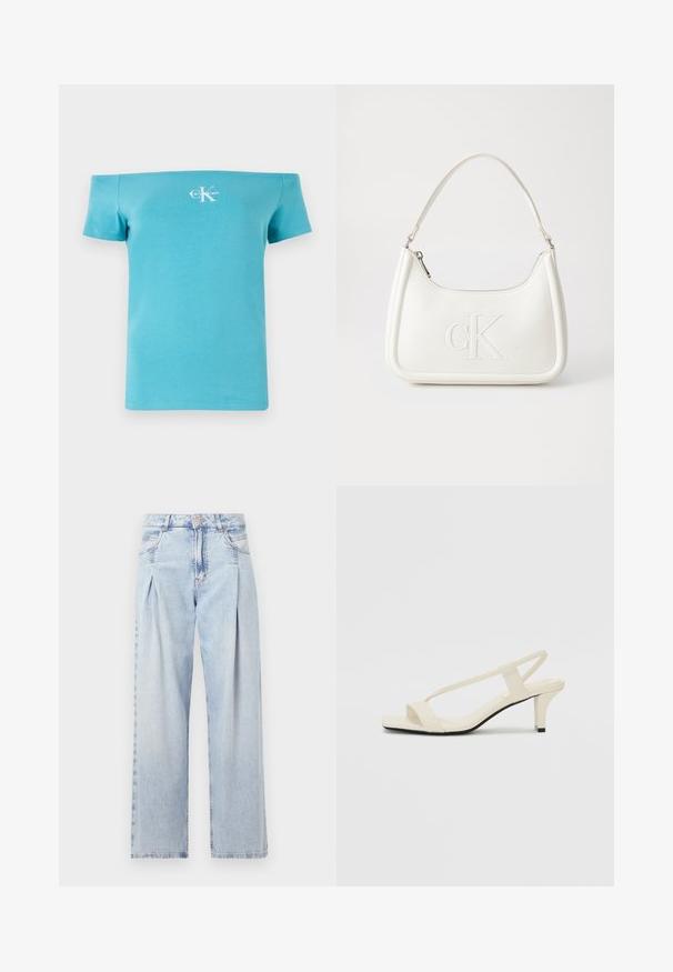 Tyrkysové tričko bez ramienok vyrobené z jemnej bavlny, s krátkymi rukávmi a bielym logo grafikou na prednej strane.; Svetlomodré džínsy s vysokým pásom, širším strihom po celej dĺžke, dvoma bočnými vreckami a skladaným dizajnom. Mäkka textúra s vyblednutým vzhľadom.; Béžové sandále na blokovom podpätku s tenkými pásikmi a štvorcovou špičkou. Hladký materiál s minimálnym detailovaním, navrhnuté pre ľahké nosenie.; Biela kožená kabelka s zakriveným tvarom, na prednej strane s embosovaným logom "CK" a jedným ramenným popruhom. Zipsové zapínanie navrchu.