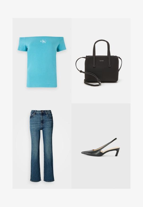 Tirkizna majica bez naramenica od mekanog pamuka, s kratkim rukavima i bijelim logotipom na prednjoj strani.; Traperice viskog struka u plavoj boji, s ravnim nogavicama, blagim izbljeđivanjem, te standardnim dugmetom i zatvaračem.; Crne cipele s izduženim vrhom i remenom oko pete, s niskom petom, izrađene od glatke kože i s izrezbarenom stranom radi prozračnosti.; Crna torba s dva kratka ručka i uklonjivom naramenicom. Glatki materijal nalik koži s zatvaračem na zatvaranje i detaljem s logom.