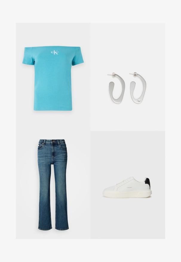 Turkizna majica brez naramnic iz mehkega bombaža, s kratkimi rokavi in belim logotipom na sprednji strani.; Visoko pasne modre jeans hlače iz denima, s straight leg dizajnom, rahlim bledenjem in standardnim gumbom ter zadrgo.; Bela trenerka z gladkim usnjenim zgornjim delom, okroglo prst, z vezalnim zapiranjem in kontrastnim črnim poudarkom na peti. Ima teksturiran gumijast podplat.; Srebrni metalni uhani z fluidno, abstraktno obliko in poliranim zaključkom. En poudarjen z majhnim kristalnim detajlom.