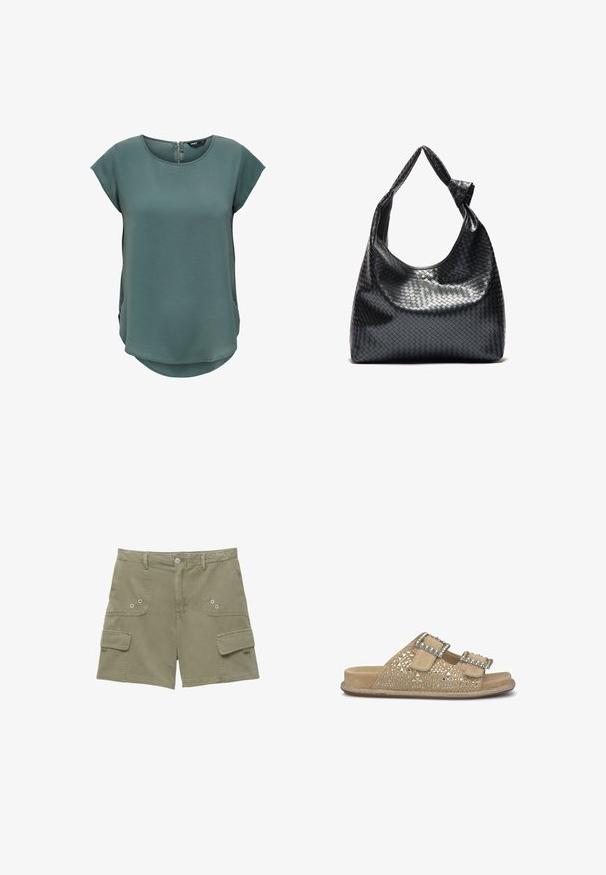 Groene top met korte mouwen van textuurstof. Heeft een ronde halslijn en een discrete ritssluiting aan de achterkant, met een licht gebogen zoom.; Olijfgroene cargoshorts van katoen met twee voorzakken, één zijzak en metalen knoopsluiting. Glad textuur en op maat gemaakte pasvorm.; Platte sandaal van beige suede met uitsnijdingen, dubbele verstelbare banden met decoratieve gespen en een bewerkte rand van kralen.; Zwarte geweven lederen handtas met een slouchy ontwerp, voorzien van een geknoopte schouderband en een kleine decoratieve gouden stud aan de bovenkant.