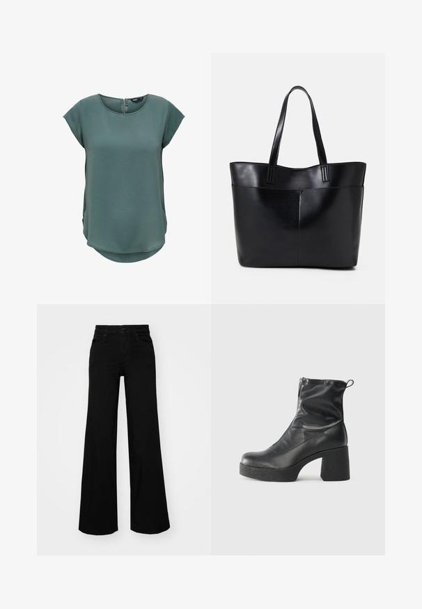 Zielona bluzka z krótkim rękawem wykonana z fakturowanej tkaniny. Posiada okrągły dekolt i dyskretny zamek błyskawiczny z tyłu, z lekko zakrzywionym dołem.; Czarne szerokie spodnie dżinsowe z usztywnionym pasem, szlufkami na pasek i kieszeniami z przodu. Gładka faktura o klasycznym fasonie.; Czarne botki za kostkę wykonane z gładkiej skóry, wyposażone w boczny zamek błyskawiczny, masywny teksturowany obcas oraz zaokrąglony czubek.; Czarna skórzana torba na ramię z dwoma długimi uchwytami, gładką teksturą i sztywną formą. Posiada przednią kieszeń dla dodatkowego przechowywania.
