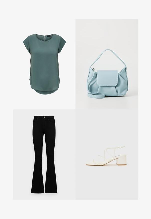 Top verde de manga corta hecho de tela texturizada. Presenta un cuello redondo y un cierre de cremallera discreto en la parte posterior, con un dobladillo ligeramente curvado.; Jeans negros de cintura alta con cierre de botón y cremallera, bolsillos frontales y piernas acampanadas, dispuestos sobre un fondo blanco.; Las sandalias de tacón blanco cuentan con correas delgadas y una punta cuadrada. El tacón es bajo y el acabado general es suave, con un detalle mínimo.; Bolso de mano de cuero azul claro con un asa en la parte superior, bolsillo con solapa en el frente y correa para la muñeca desmontable sobre un fondo blanco.