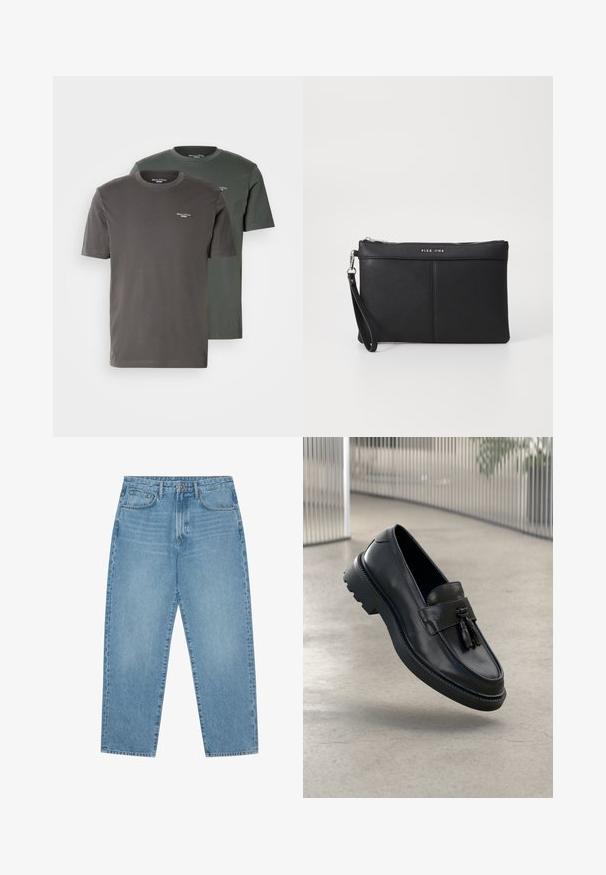 Két kereknyakú póló sötétszürke és olívazöld színben, puha pamutból készült, apró logóval a mellrészen. Rövid ujjú.; Világoskék farmernadrág egyenes szárú vágással, ötzsebes kialakítással és enyhén kifakult textúrával. Gombos és cipzáras záródással rendelkezik.; Fekete bőrből készült mokaszinok sima felülettel, díszes bojttal, vastag gumitalppal és varrott részletekkel. Könnyű és elegáns kialakítás.; Fekete szintetikus pénztárca cipzárral, csuklópánttal és sima felülettel. Finom varrás és a logó dombornyomott a fronton.