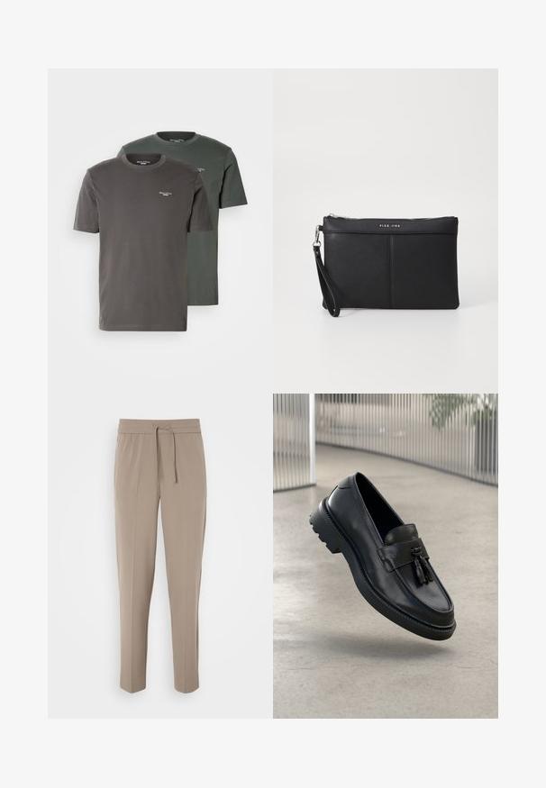 Divi kreklu ar apaļu kakla izgriezumu, tumši pelēkā un olīvu zaļā krāsā, izgatavoti no mīksta kokvilnas auduma, ar mazu logo uz krūtīm. Īsas piedurknes.; Gaiši pelēkas bikses ar elastīgu jostasvietu, regulējamu auklu un sašaurinātām kājām. Audums izskatās gluds ar vieglu spīdumu.; Melnas ādas loaferi ar gludu apdari, dekoratīvu bārkstīm, biezu gumijas zolīti un izšūtām detaļām. Viegls un elegants dizains.; Melna sintētiska rokassoma ar rāvējslēdzēja aizdari, roku siksnu un gludu tekstūru. Iezīmējas ar smalku šūšanu un logo iespiestu priekšpusē.