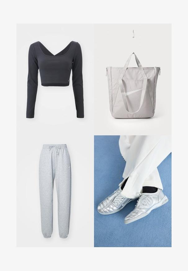 Tumšs pelēks, garām piedurknēm, īss tops ar ribu faktūru. Tam ir dziļa V veida kakla izgriezums un vienota krāsa ar mazu logotipu apakšmalā.; Gai pelēki sporta bikses, izgatavotas no mīksta kokvilnas maisījuma, ar elastīgu jostasvietu un auklu, sašaurinātām kājām un ribotām piedurknēm. Minimāls zīmola akcenti.; Sudraba sporta apavi ar gludu, spīdīgu apdari, ar šūtu dizainu un numuru 90 sānos, apvienoti ar baltām biksēm.; Pelēka iepirkumu soma ar pastiprinātiem rokturiem, priekšējo kabatu ar rāvējslēdzēju un baltu Nike swoosh logotipu. Izgatavota no izturīga auduma ar gludu tekstūru.