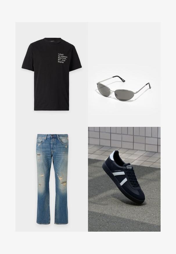Musta puuvillapaita, jossa valkoista tekstiä: "Minut tullaan vapauttamaan New York, NY - Heinäkuu Uudelleen," pyöreä kaula-aukko, lyhyet hihat.; Vaaleansiniset farkut, joissa on rento leikkaus, kuluneet yksityiskohdat ja revityt tahrat, sekä perinteinen viiden taskun muotoilu ja nappisuljenta.; Mustat nahkakengät valkoisilla raidoilla, teksturoitu kumipohja ja nauha edessä. Varustettu merkkitarralla kielen päällä.; Aurinkolasit, joissa on tyylikäs, hopeanvärinen metallikehys, harmaasti sävytetyt linssit ja aerodynaaminen muotoilu, jossa on terävät reunat ja ohuet varret.