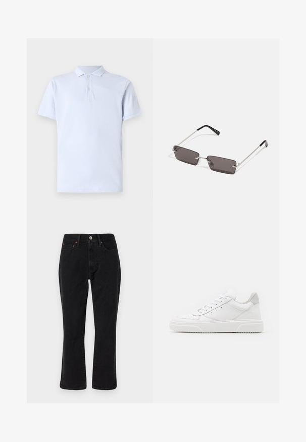 Šviesiai mėlynas medvilninis polo marškinėlis su klasikiniais apykakle, trumpomis rankovėmis, dviem mygtukais ir vientisa tekstūra.; Juodi džinsai išdenimo, tiesaus kirpimo, su penkiomis kišenėmis ir metalinėmis detalėmis su vario akcentais. Glotni tekstūra ir vidutinė liemens linija.; Balti odiniai sportbačiai su lygiu paviršiumi, apvaliu pirštu, plokščiomis raištelėmis ir struktūrizuota padu. Pilko zimšo akcentas ant kulno.; Akiniai nuo saulės su stačiakampiais, tamsiai pilkais lęšiais, sidabriniais metaliniais rėmeliais ir juodais plastikiniais galiukais. Lengvas dizainas su nosies pagalvėlėmis.