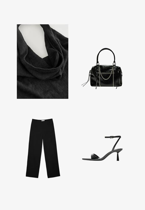 Black textured fabric with a crinkled pattern, draping in a looped design. Material appears soft and lightweight, enhancing the flowing shape.; Wide-leg trousers in black fabric, featuring a smooth texture, clean design, and a discreet side zipper for closure.; Bershka High heeled sandals - black; Bershka WITH CHAIN - Handbag - black