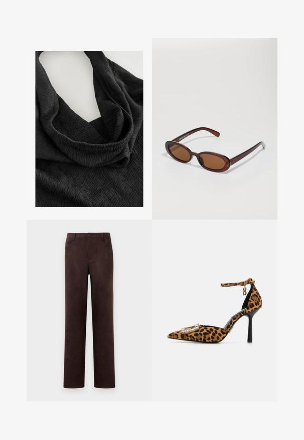 Musta teksturoitu kangas, jossa on nyppyläinen kuvio, laskeutuu silmukkamaisessa muotoilussa. Materiaali näyttää pehmeältä ja kevyeltä, mikä korostaa virtaavaa muotoa.; Suorat jalat tummanruskeat nahanhousut, joissa on etupainike ja vetoketju, vyölenkit ja sivutaskut.; Kengät, joissa on leopardi-printti, korkea korko, terävä kärki, samettinen pinta, nilkkahihna ja kristallikoristeinen solki. Musta stiletto-korko.; Pyöreät, ruskehtavat aurinkolasit, joissa on kiiltävä burgundinpunainen runko. Kapeat sivut, joissa on hienovarainen brändäys. Litteät linssit.; Punainen viininvärinen käsilaukku, joka on pyöreämuotoinen ja jossa on yksi kahva. Laukussa on tekstuuri pinta ja joustava nyöri sulkimena.
