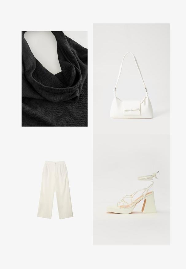 Sort tekstureret stof med et krøllet mønster, der hænger i et løbet design. Materialet ser blødt og let ud, hvilket fremhæver den flydende form.; Bredde bukser i cremefarvet stof med en glat tekstur, der har en enkelt knap foran, diskrete folder og design med høj talje.; Hvide højhælede sandaler med en kraftig hæl, der har et stropdesign og ankelbinding. Glat tekstur med en platform foran for ekstra højde.; Hvid syntetisk håndtaske med en trekantet form, flad forsideklap og sløjfedetalje, justerbar strop, glat tekstur og minimalistisk design.