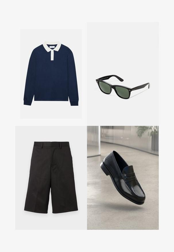 Polo de manga larga en color azul marino con un cuello acanalado blanco y tapeta de tres botones. Textura suave, dobladillo recto y puños acanalados.; Pantalones cortos negros con un diseño a medida, confeccionados en una tela suave, con un frente plano, trabillas para cinturón y piernas rectas recortadas.; Mocasines de cuero negro con acabado liso, punta redondeada, costuras decorativas y una suela ligeramente elevada.; Gafas de sol de plástico negro con lentes verdes, montura cuadrada, acento plateado en la ceja y brazos texturizados. Marca indicada en el brazo interno.