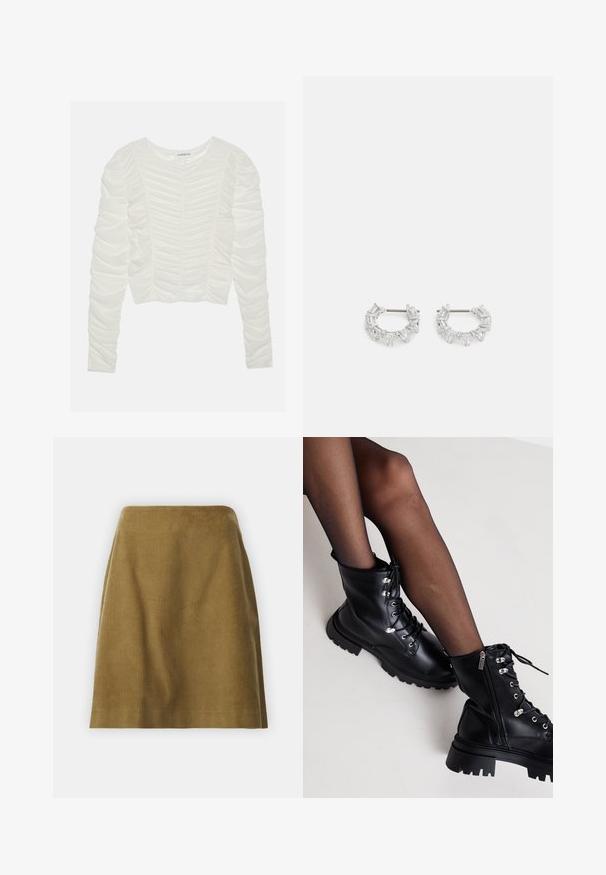 Long-sleeve white top with gathered fabric detailing, round neckline, and a fitted design. Soft, textured material with ruching along sleeves.; Selected Femme SLFJENNY NEWIBI SKIRT - A-line skirt - camel; Even&Odd Wide Fit Lace-up ankle boots - black; Silver hoop earrings featuring clear, rectangular and triangular crystals arranged in a patterned design. Posts for secure fastening.