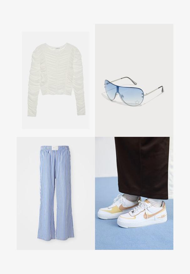 Garā piedurkne balts tops ar savilkta auduma detaļām, apaļa kakla izgriezums un pieguļošs dizains. Mīksts, teksturēts materiāls ar rušēšanu gar piedurknēm.; Zili un balti svītrainie bikses ar brīvu piegriezumu, izgatavoti no viegla auduma, ar elastīgu jostasvietu un diskrētu logotipa uzlīmi.; Baltas ādas sporta apavi ar zelta akcentiem, ar caurumiem purngalā, plakanām auklām un biezu gumijas zoli ar "AIR" logo sānos.; Pilotstila saulesbrilles ar gradienta zilām lēcām, sudraba metāla rāmjiem un dekoratīvām zvaigžņu akcentiem uz lēcām. Gluda un eleganta dizaina.