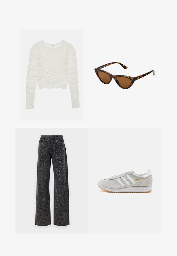 Biała bluzka z długim rękawem z detalami w postaci marszczonego materiału, okrągłym dekoltem i dopasowanym fasonem. Miękki, teksturowany materiał z marszczeniem wzdłuż rękawów.; Noisy May NMJANNEL czarny denim; Jasnoszare sneakersy wykonane z zamszu i siateczki, z trzema białymi paskami, okrągłym noskiem i gumową podeszwą. Złoty akcent logo w pobliżu sznurowadeł.; Okulary przeciwsłoneczne w kształcie kocich oczu z czarno-pomarańczową oprawą w deseń żółwia, brązowymi soczewkami i eleganckimi, spiczastymi końcówkami. Posiadają minimalistyczne logo na zauszniku.; Srebrne kolczyki w formie obręczy o minimalistycznym designie. Okrągły kształt, gładka faktura i cienki profil. Lekkie, z polerowanym wykończeniem.