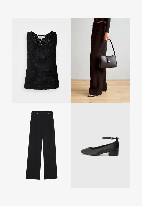 Marc O'Polo SLEEVELESS ROUNDNECK - Topper - black; Svart vide bukser med høy midje, knappdetaljer på midjebåndet og frontplisser.; Sorte skinnpumper med spiss tå og lav blokkhelt. Har ankelrem med gullfarget spenne. Glatt tekstur.; Svart håndveske med strukturert form, jevn tekstur og metallisk lås. Kombinert med brede svarte bukser og sandaler med åpen tå på tregulv.