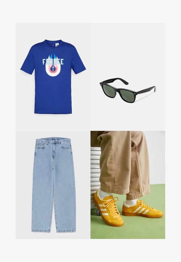 Zils kokvilnas T-krekls ar vārdu "FRANCIJA" baltā krāsā, zem kura ir apļa grafika, kas attēlo futbolu un logotipu sarkanā un zilā krāsā.; Gai zila džinsu bikses ar taisnu kāju dizainu, kas piedāvā vidēju vidukļa augstumu, piecas kabatas un pogas un rāvējslēdzēja aizdari.; Dzelteni zamšas kedšus ar baltām svītrām, ar gumijas zoli, auduma saitēm un mīkstu apkaklīti, kopā ar beigu kokvilnas biksēm.; Melnas plastmasas saulesbrilles ar zaļiem lēciem, kvadrātveida rāmjiem, sudrabainu akcentu uz uzacīm un teksturētām tempļu kājām. Zīmols norādīts uz iekšējās kājas.