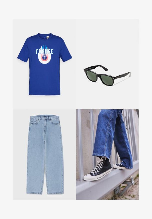 Modra bombažna majica s besedo "FRANCIJA" v beli barvi in krožno grafiko spodaj, ki prikazuje nogometno žogo in logotip v rdeči in modri barvi.; Svijetloplave traperice s ravnim nogavicama, srednjeg struka, pet džepova te zatvaranjem na gumb i munju.; Črne visoke teniske z belim podplatom in vezalkami, v kombinaciji z ohlapnimi modrimi džinsom, naslonjene na sivo ograjo.; Črne plastične sončna očala z zelenimi lečami, kvadratni okvirji, srebrni detajl na obrvi in teksturirani ročaji. Blagovna znamka navedena na notranji strani ročaja.