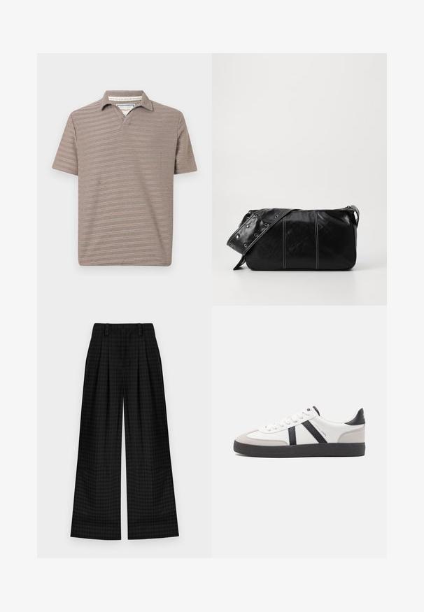 Rjav polo s kratkimi rokavi in ovratnikom. Tkanina ima teksturiran vzorec z različnimi debelinami črt.; Črne karirane hlače širokega kroja z gubami, ki se ponašajo z gladko teksturo in klasičnim dizajnom. Lahka tkanina za udobje.; Bela športna obutev z črnimi in sivo akcenti, z teksturirano sivo kapico za prste, črnim gumijastim podplatom in ravnimi belimi vezalkami. Čista zasnova, minimalistični slog.; Črna usnjena torba za ramo z zadrgo, ki ima teksturirano telo, belo šivanje in trak s srebrnimi luknjami.