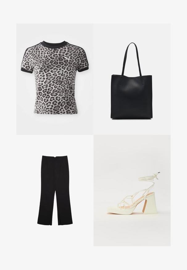 Kortærmet t-shirt med leopardprint i nuancer af grå og sort. Har en sort krave og et lille hvidt logo på brystet.; Sorte bukser med lige pasform, der har frontlommer og slidser i kanten. Lavet af blødt, glat stof. Velegnet til forskellige anledninger.; Hvide højhælede sandaler med en kraftig hæl, der har et stropdesign og ankelbinding. Glat tekstur med en platform foran for ekstra højde.; Sort læder tote taske med glat tekstur, rektangulær form og to lange hanke. Ingen synlig hardware eller udsmykninger.