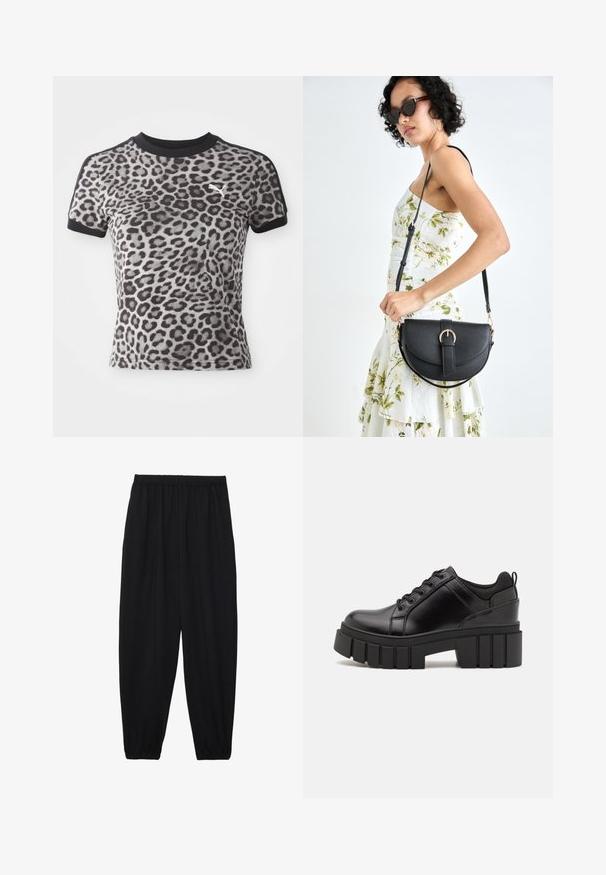 T-shirt met korte mouwen in luipaardprint in grijs- en zwarttinten. Heeft een zwarte kraag en een klein wit logo op de borst.; Zwarte, lichte broek met een elastische tailleband en gathered enkels. De stof is glad en heeft een ontspannen, taps toelopend ontwerp.; Zwarte leren platform schoenen met een stevige blokhak, ronde neus en een traditionele vetersluiting. Kenmerkt zich door een gladde textuur en minimale details.; Zwarte leren handtas met een gebogen vorm, afneembare schouderband en gouden hardware. De tas heeft een klep met een gespsluiting.