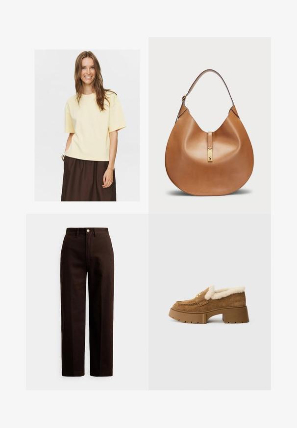 Lühikeste käistega kollane puuvillane t-särk ümmarguse kaelusega, lõdva lõikega ja pehme tekstuuriga, koos pruunide seelikutega.; Tumedat pruunid sirge lõikega püksid, millel on nööp- ja lukukinnitus, vööaasad ning esimesed taskud, valgel taustal.; Pruunid seemisnahast kontsaga mokassiinsid, millel on pehme viltvoodriga sisemus, kuldne detail ja paksu talla mustriga platvormpõhi.; Kohvane nahast käekott, millel on kaarjas kuju ja lai õlavööt. Koti keskosas on kuldne metallne detail ning pind on sile.