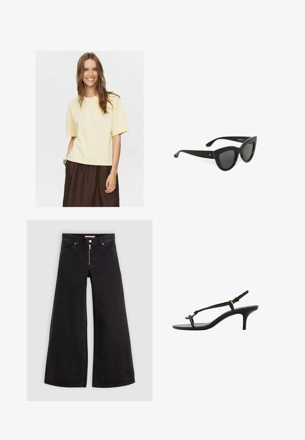 Kratkoročnga rumenega bombažnega majice s krožnim izrezom, sproščenega kroja in mehke teksture, v kombinaciji z rjavim krilom.; Široke traperice iz črnega denima z zadrgo spredaj, petimi žepi in diskretnimi šivi. Gladka tekstura in ležeren slog.; Črne usnjene sandale s kitten peto, tankimi trakovi, zlate zaponke in minimalistično zanko za prste na beli podlagi.; Črne mačje očala s temnimi lečami. Narejena iz plastike, z gladko površino in logotipom na ušesih.; Črna usnjena torbica z teksturirano površino, dvema ročajema, priloženo majhno žepno torbico in zapiranjem na zadrgo, prikazana na beli podlagi.