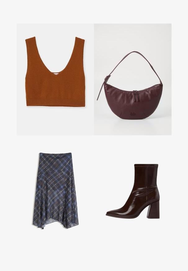 Rustrød strikket bralette med dyb V-hals, brede stropper og en tætsiddende bånd forneden. Glat tekstur uden yderligere mønstre.; Sort ternet nederdel med blå og brune linjer, flydende design, midt-længde, lavet af letvægtsstof med en glat tekstur.; Brun patentlæder ankelstøvle med spids tå, elastisk ankel og en chunky blokhæl. Slankt design med glat tekstur.; Mørkerød lædertaske med en buet design, der har en lynlåslukning, to lynlåsskuffer og et kort skulderrem. Detaljer inkluderer præget logo.