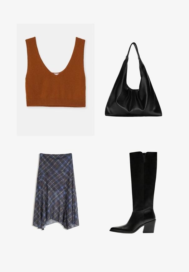 Pleteni bralette v rdečkasti barvi z globokim V-izrezom, širokimi naramnicami in prilegnjenim pasom na dnu. Gladka tekstura brez dodatnih vzorcev.; Črna karirana krila z modrimi in rjavimi črtami, tekoče oblikovanje, srednje dolžine, izdelano iz lahkega materiala z gladko teksturo.; Črne gležnjarje do kolen iz gladkega usnja, z ostrim nosom, blokinim peto in V-oblikovanim izrezom na vrhu.; Črna usnjena hobo torba z mehko, ukrivljeno obliko. Ima širok zgornji ročaj in gube na dnu, kar daje torbi udoben izgled.