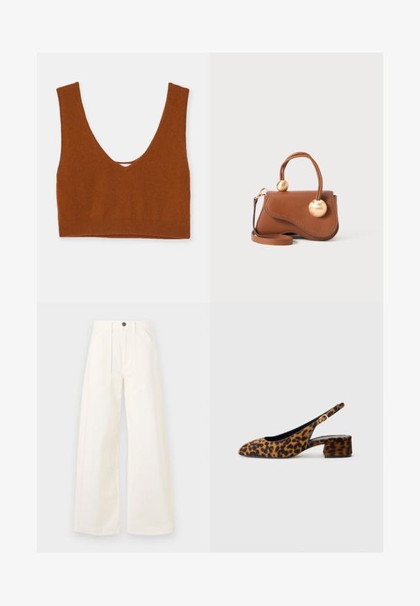 Rūsas krāsas adīta bralette ar dziļu V veida kakla izgriezumu, platām siksnām un pieguļošu joslu apakšā. Gluda tekstūra bez papildu rakstiem.; Platas kājas bikses izgatavotas no balta kokvilnas auduma, ar augstu jostasvietu, divām priekšējām kabatām un vienu priekšējo pogu aizdari.; Sieviešu leopardu raksta siksniņu kurpes ar zemu bloku papēdi un zelta sprādzi sānu siksniņā, attēlotas sānu profilā uz vienkārša fona.; Burgundijas ādas rokassoma ar viļņotu dizainu, kurai ir divi apaļi zelta akcenti un noņemams plecu siksna, nodrošinot daudzveidīgu nēsāšanu.