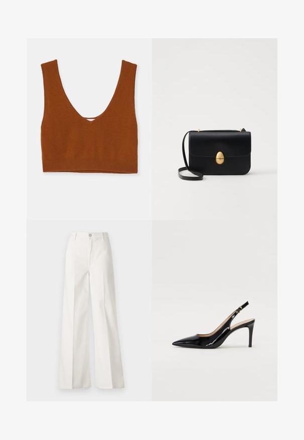 Rust-colored knit bralette with a deep V-neck, wide straps, and a fitted band at the bottom. Smooth texture with no additional patterns.; White wide-leg trousers made from cotton with a smooth texture. Features a front button, zipper fly, and four-pocket design.; Black patent leather slingback pump with pointed toe, slim heel, and a subtle cutout design. Features a gold buckle on the strap.; Black leather handbag with a structured rectangular shape. Features a golden oval clasp and a thin shoulder strap. Smooth texture.