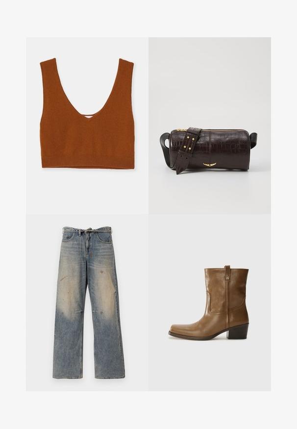 Rudai spalvos megzta braletė su giliu V formos iškirpimu, plačiomis petnešėlėmis ir aptempta juosta apačioje. Visiškai lygi medžiaga be papildomų raštų.; Šviesiai mėlynos džinsinės kelnės su laisvu, tiesiu kojų kirpimu. Su įbrėžimais, nudilimu ir suplėšytais elementais šalia kelių. Klasikinis penkių kišenių stilius.; Rudų odinių batų iki kulkšnies su kvadratiniu pirštu, tekstūruotu paviršiumi ir žemu sluoksniuota pakulne. Yra užpakalinis kilpas ir subtilūs siuvinėjimo detalės.; Ruda krokodilo odspaudo odinė rankinė cilindro formos, su auksinėmis detalėmis ir nuimamu dirželiu, papuoštu studelėmis.