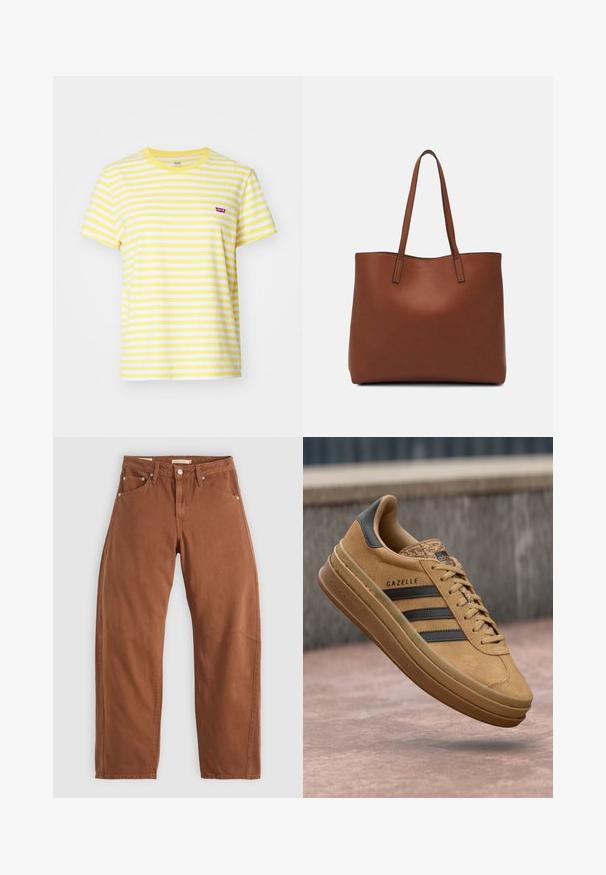 Levi's® Marškinėliai su spaudiniu - sandy/script yellow; Rudai rudi tiesūs džinsai su priekinėmis ir galinėmis kišenėmis, metaliniais kabliukais, mygtuko užsegimu ir diržo kilpomis, išdėstyti ant balto fono.; Šviesiai rudi zomšiniai sportbačiai su lygiu paviršiumi, turintys tris tamsias juostas, apvalų nosį ir storesnį padu su raštuota briauna.; Ruda odinė priekabų krepšys su glotnia tekstūra, atviru viršumi ir dviem petnešomis. Su minimalia siuvimo detalėmis ir nematoma aparatūra.