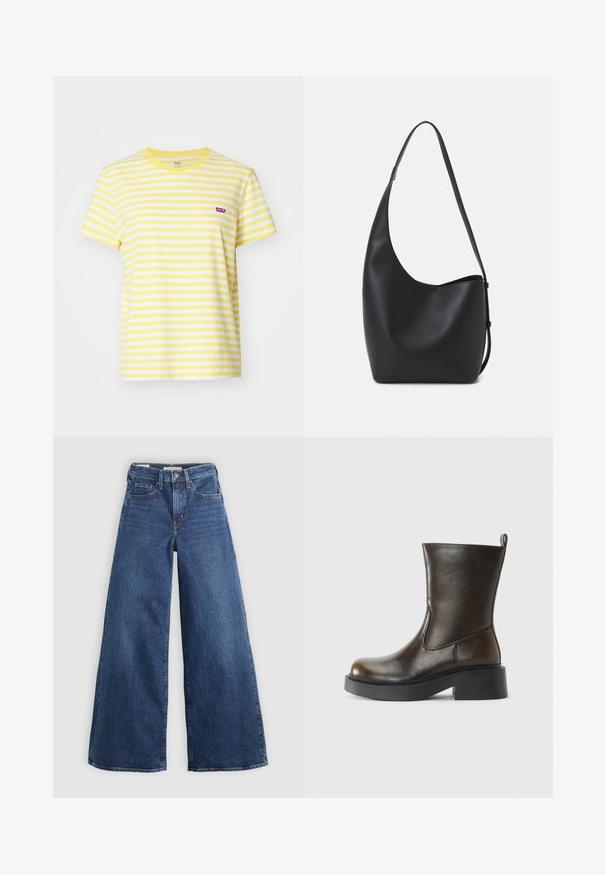 Levi's® Nyomott mintás póló - sandy/script yellow; Széles szárú kék farmernadrág öt zsebbel, gombos záródással és kontrasztos varrással, puha és texturált felülettel.; Sötétbarna, középig érő bőrcsizma, lekerekített orral, vastag fekete talppal, alacsony block sarkal és hátsó húzókával.; Fekete bőr hobo táska sima textúrával, ívelt formával és egyetlen állítható pánttal; széles nyílás található a tetején.