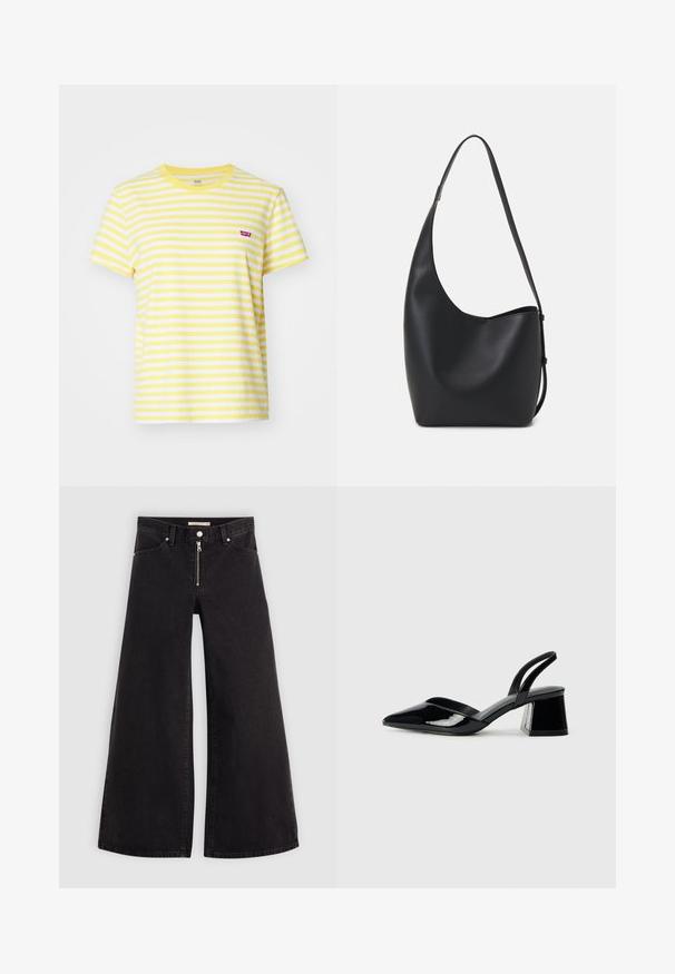 Levi's® Trükipildiga T-särk - sandy/script yellow; Laiad teksad mustast denimist, millel on lukuga eesmine osa, viie taskuga disain ja peened õmblusdetailid. Sile tekstuur ja juhuslik stiil.; Mustad musta lakknahk kingad, millel on terav varvas ja geomeetriline plokkkonts. Omab elegantselt minimalistlikku disaini ja sujuvat tekstuuri.; Mustast nahast hobo kott, millel on sile tekstuur, kumer kuju ja üks reguleeritav rihm; peal on lai avaus.